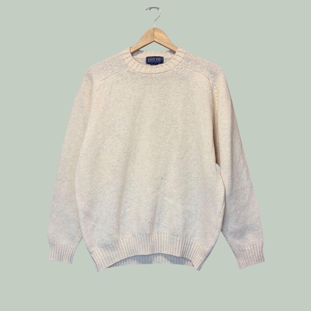 Lands End Sweater Womens L Cream *READ* Pullover Preppy Wool Crewneck Vintage UK